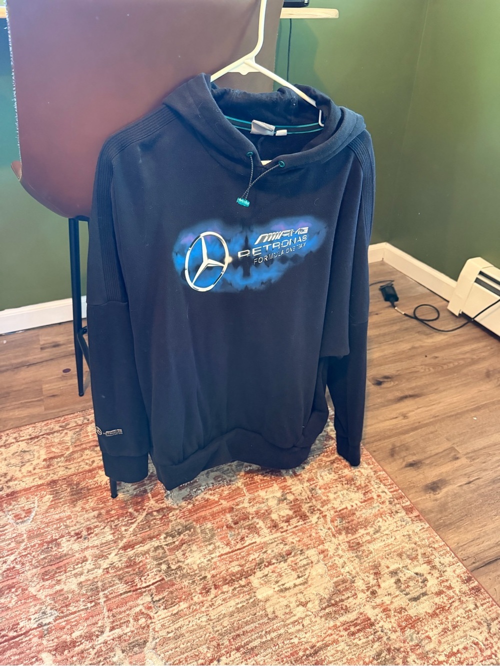 Puma AMG Petronas Formula One Black Hoodie with Blue Graphic Mercedes Logo